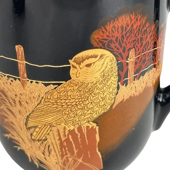 2 Otagiri Owl Mugs Black Gold Japan Vintage Set Coffee Cup Metallic Gold Trim - Picture 2 of 12